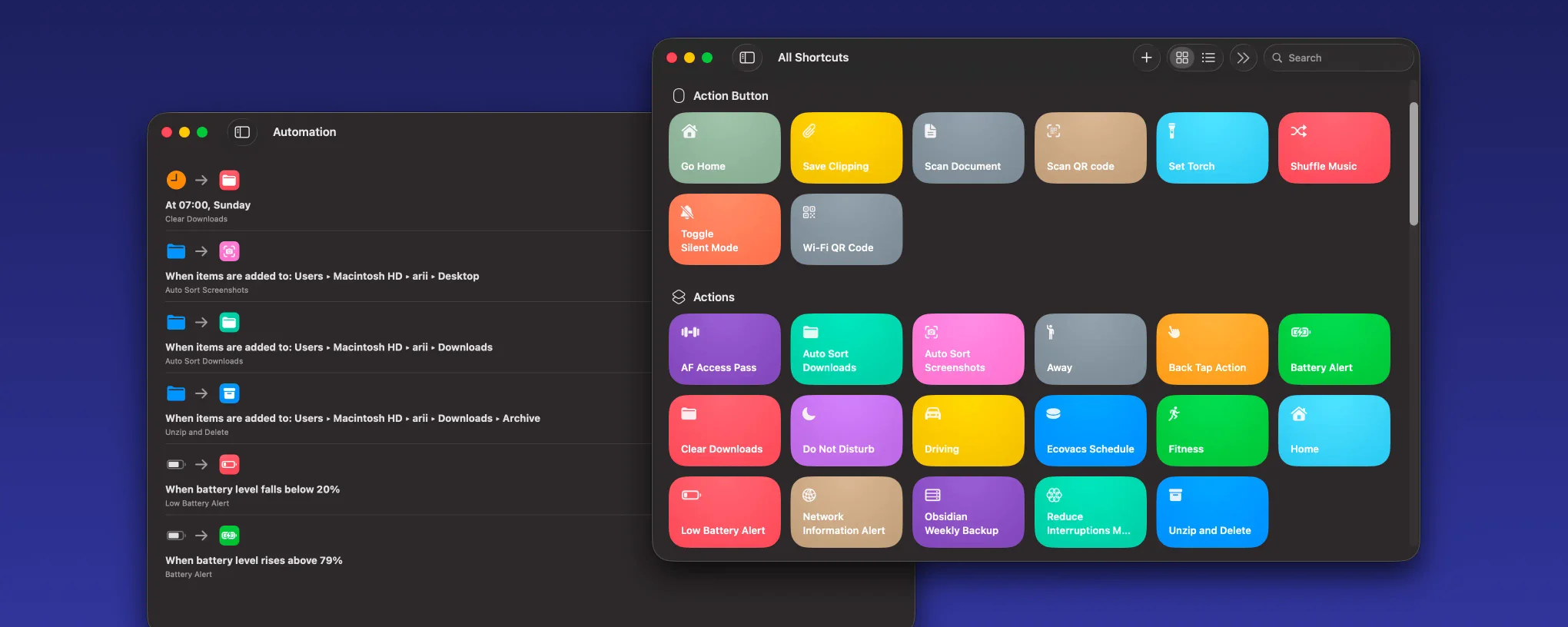 macOS Shortcuts editor showing the downloads sorting automation