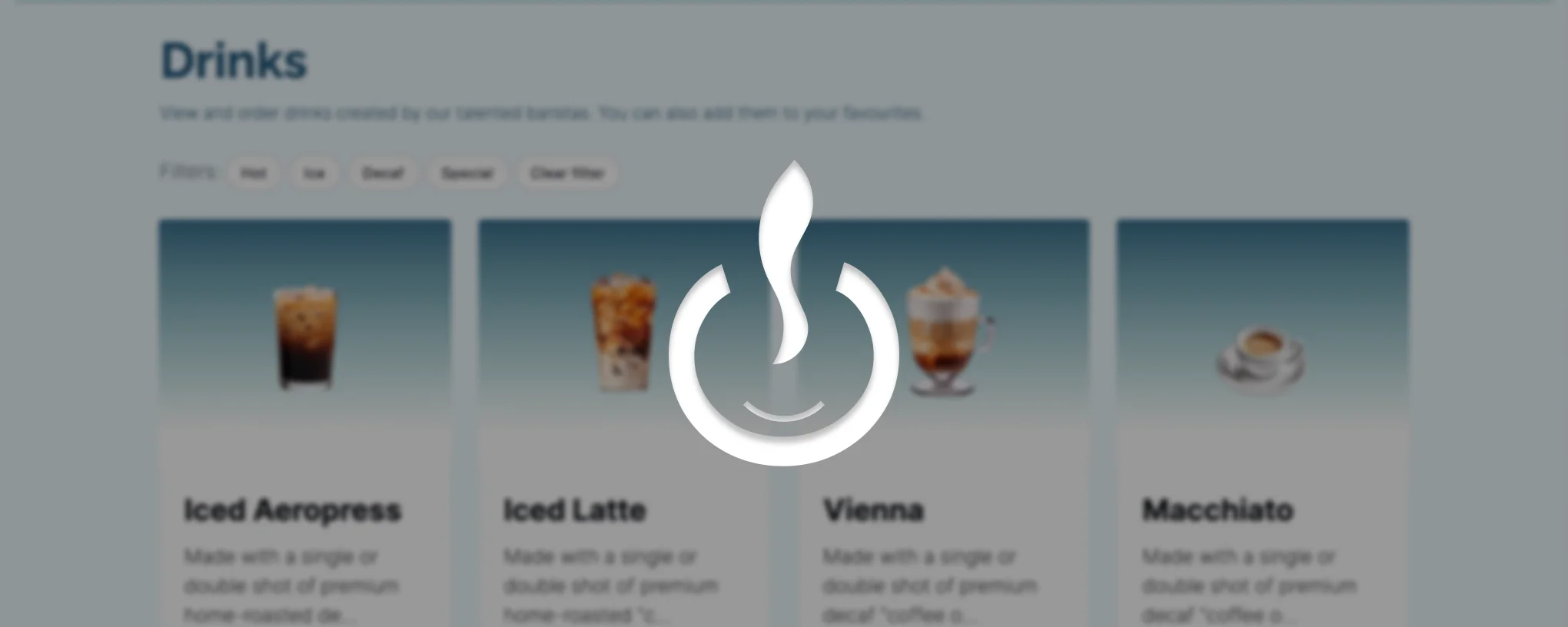 coffee on landing page with dark blurred background and logo