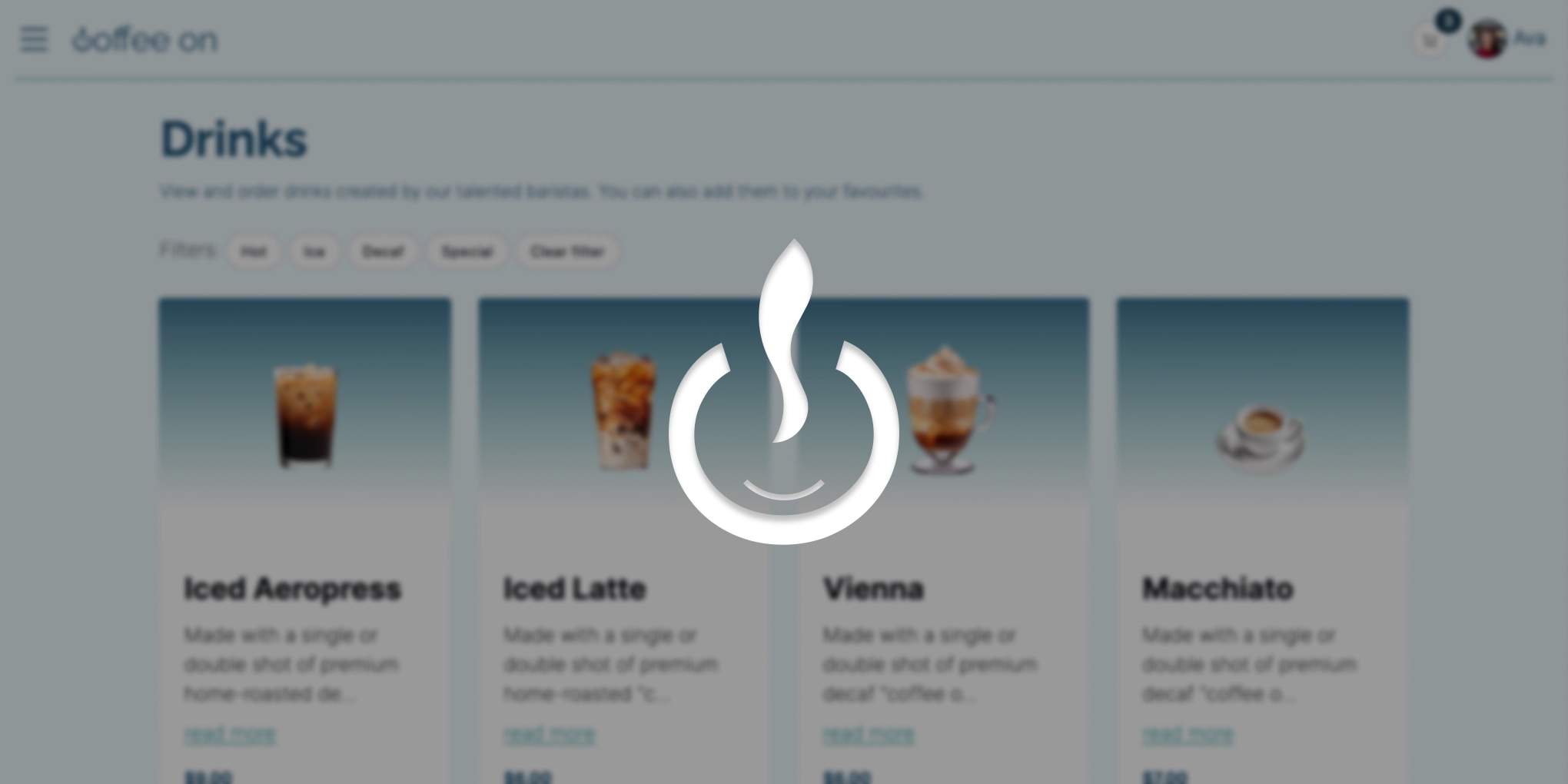 coffee on landing page with dark blurred background and logo