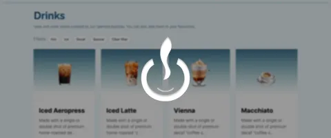 coffee on landing page with dark blurred background and logo