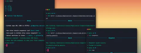 Terminal output showing dtm taking a snapshot of dotfiles and pushing them to GitHub