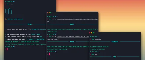 Terminal output showing dtm taking a snapshot of dotfiles and pushing them to GitHub