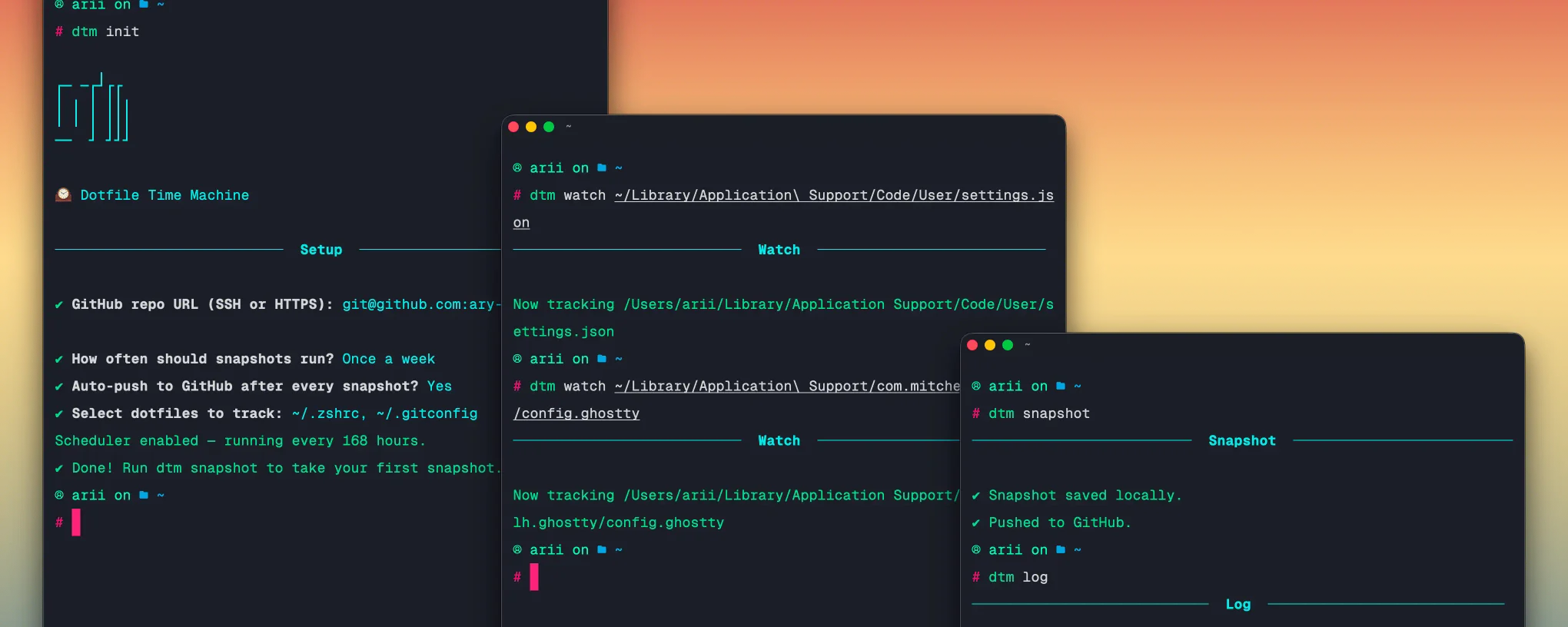 Terminal output showing dtm taking a snapshot of dotfiles and pushing them to GitHub