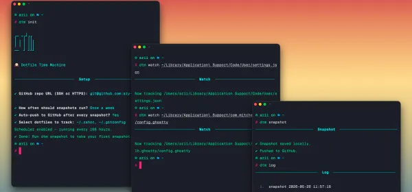 Terminal output showing dtm taking a snapshot of dotfiles and pushing them to GitHub