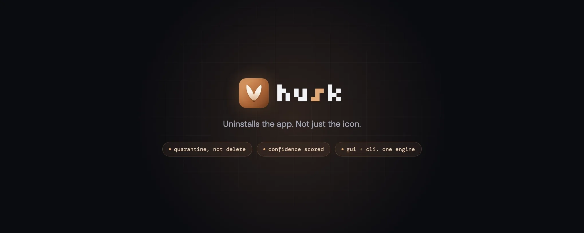 the husk app icon next to the husk wordmark on a dark background, with badges reading quarantine not delete, confidence scored, and gui plus cli one engine