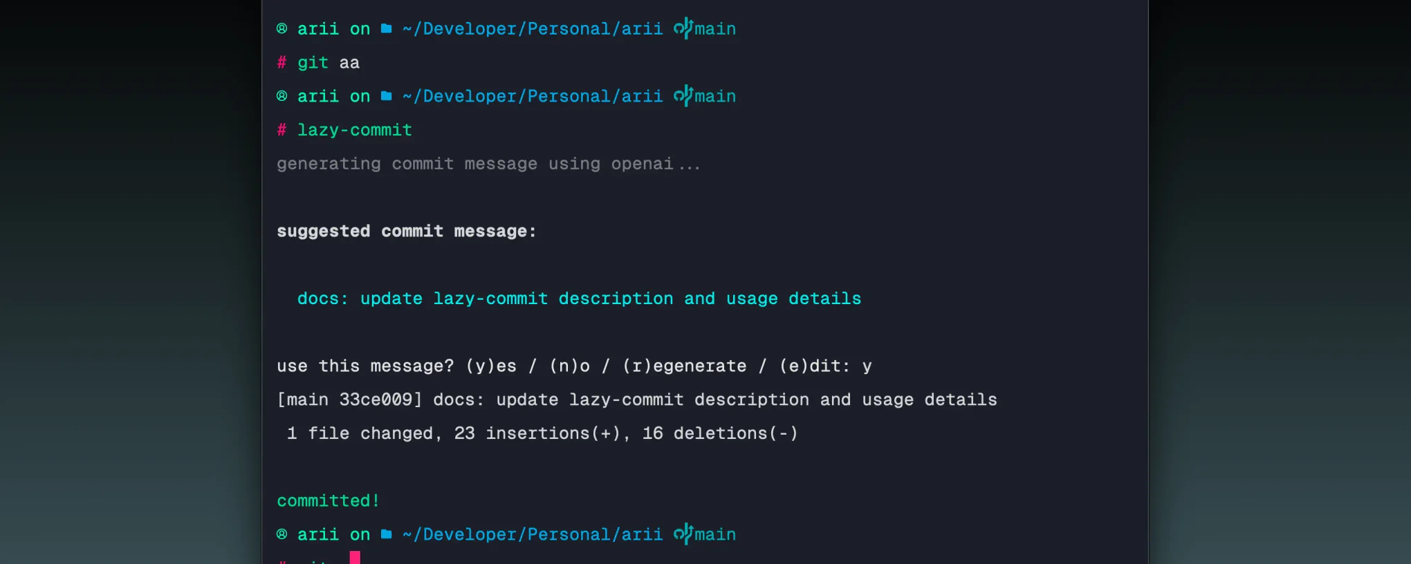 Terminal output showing a generated conventional commit message and a y/n prompt