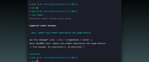 Terminal output showing a generated conventional commit message and a y/n prompt