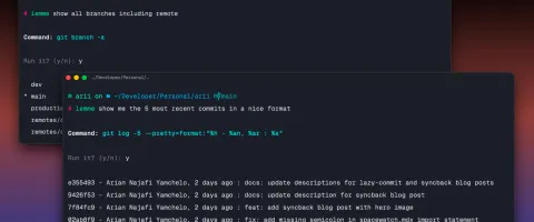 Terminal output showing lemme translating a natural language query into a shell command and running it