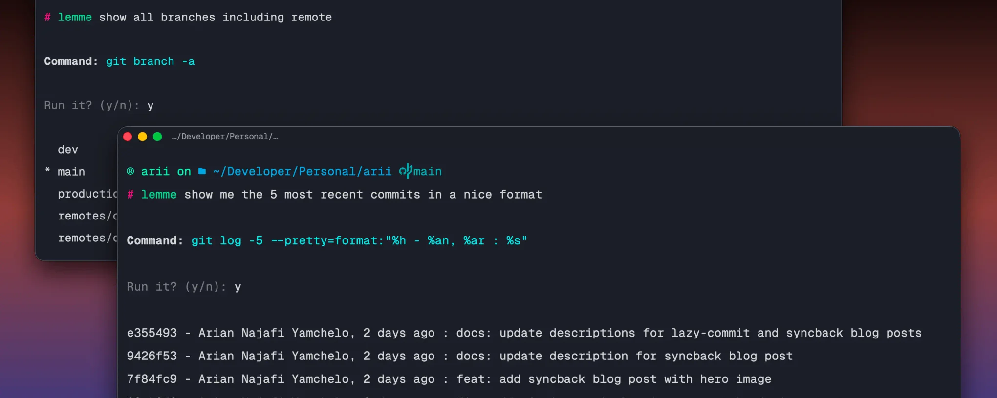 Terminal output showing lemme translating a natural language query into a shell command and running it