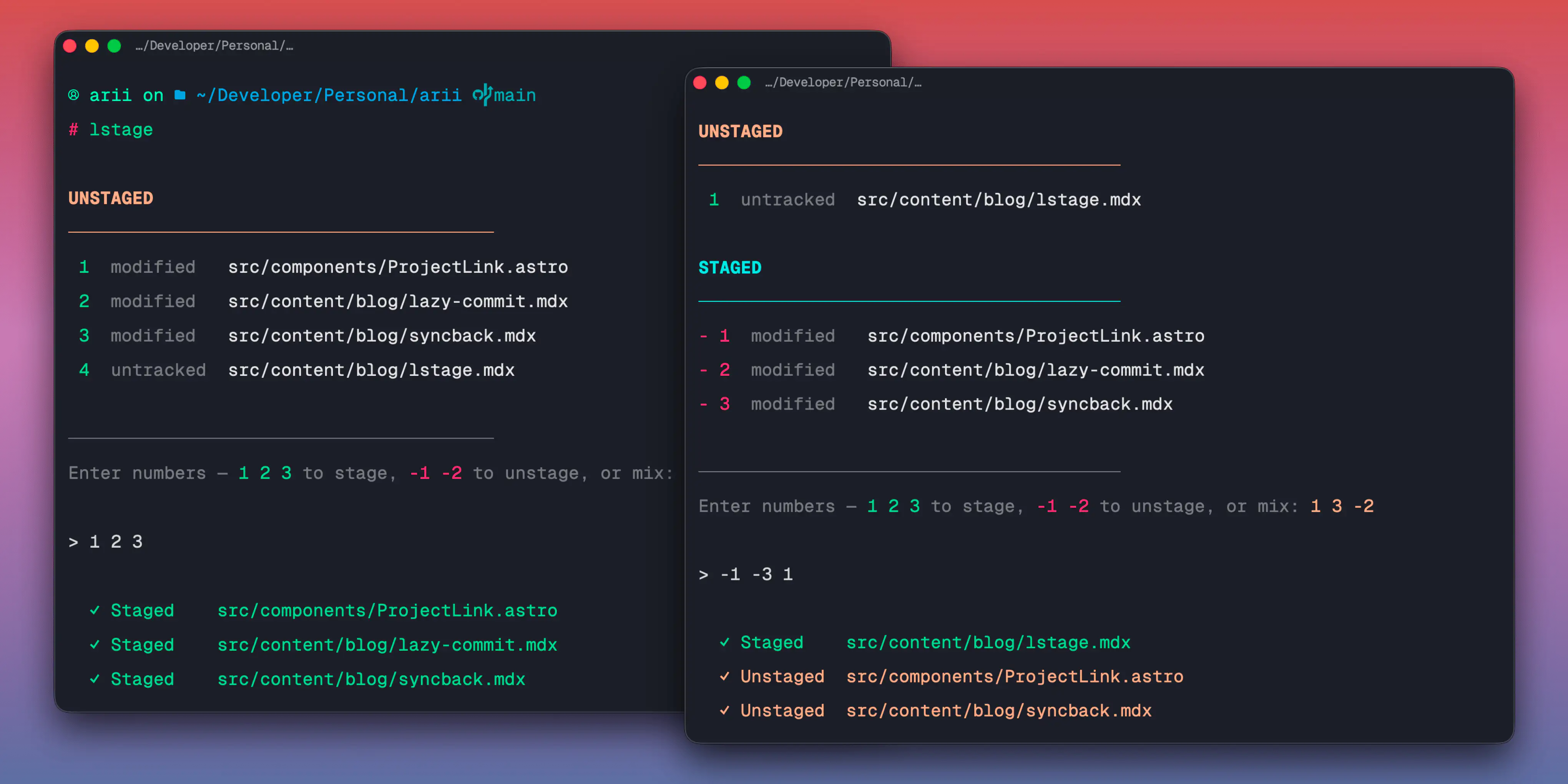 lstage: interactive git staging by number — arii.dev