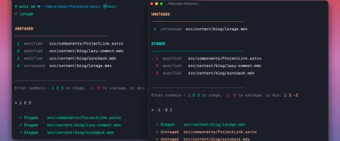 Terminal output showing lstage displaying a numbered list of git changes and staging selected files