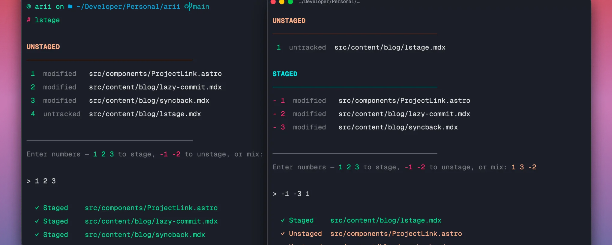 Terminal output showing lstage displaying a numbered list of git changes and staging selected files