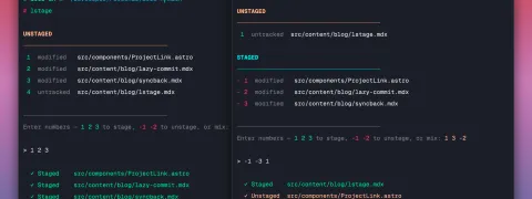 Terminal output showing lstage displaying a numbered list of git changes and staging selected files