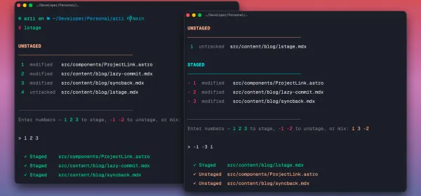 Terminal output showing lstage displaying a numbered list of git changes and staging selected files