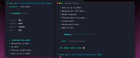 Terminal output showing syncback merging a branch into main and switching back automatically