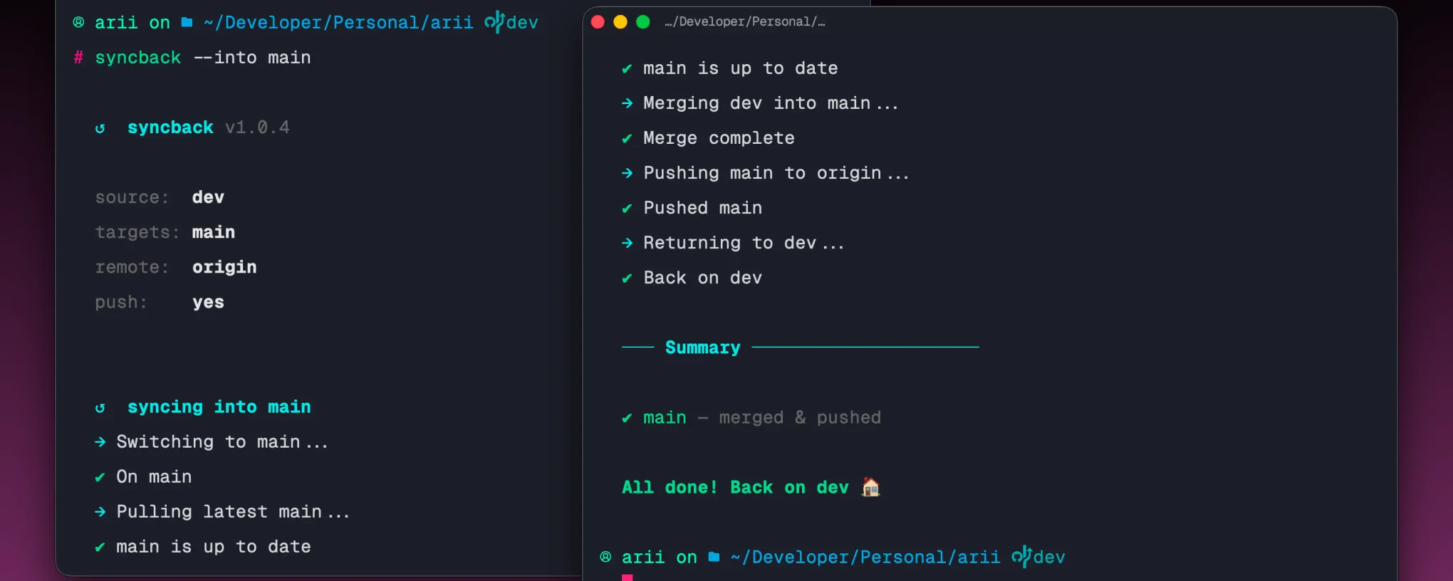 Terminal output showing syncback merging a branch into main and switching back automatically