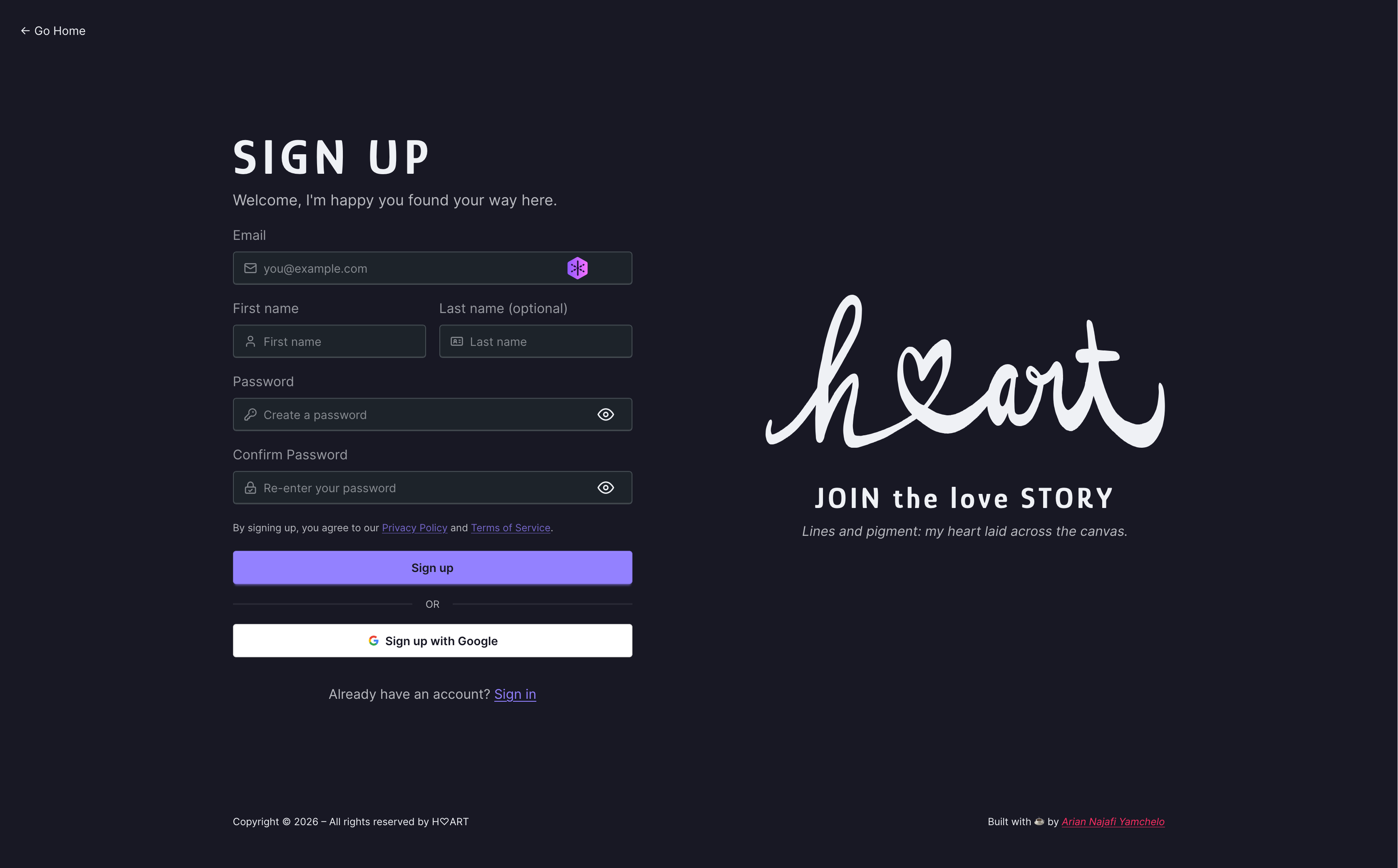 sign up screen