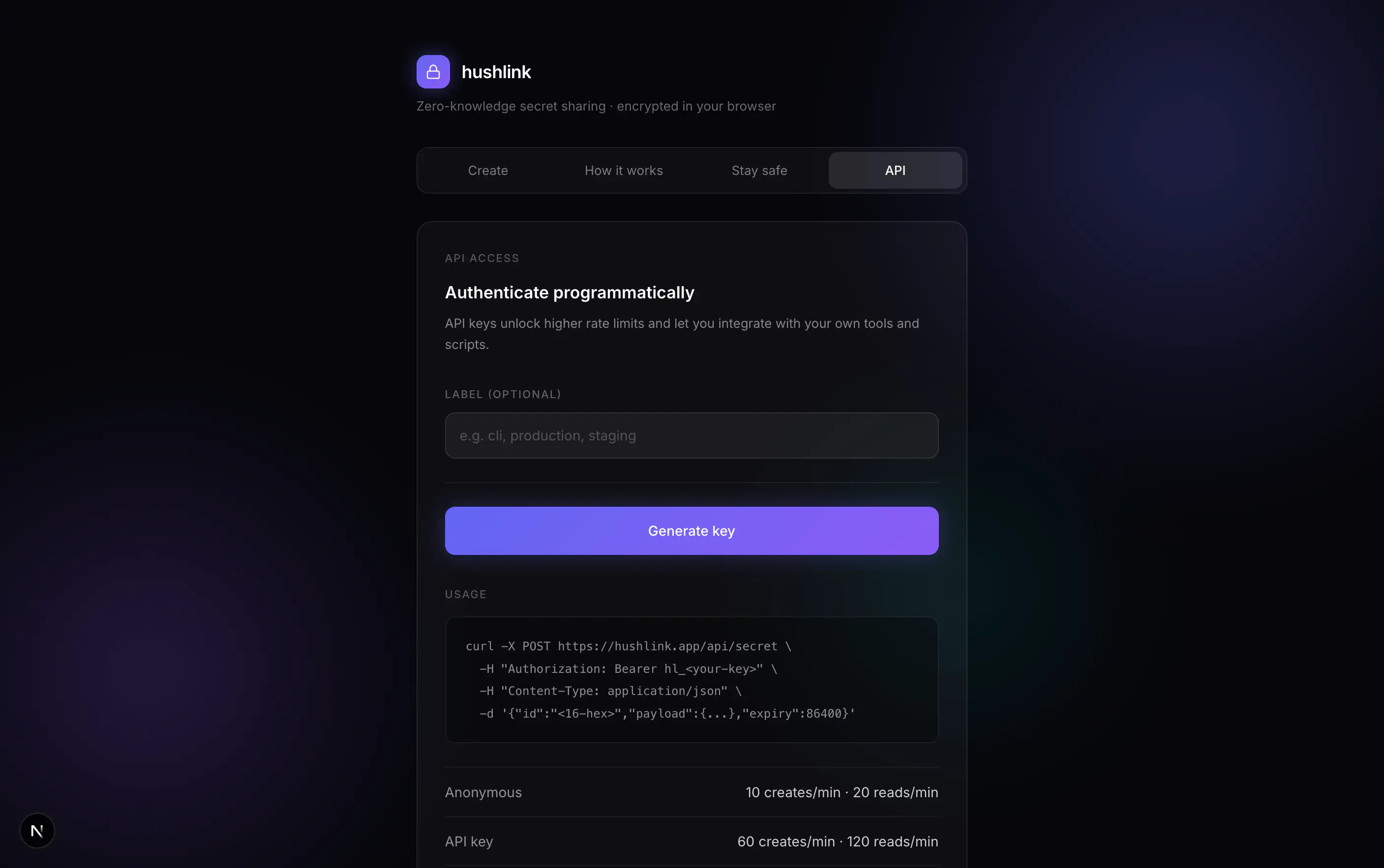 API tab showing programmatic access with key generation, curl usage example, and rate limits: 10 creates/min anonymous, 60 creates/min with API key