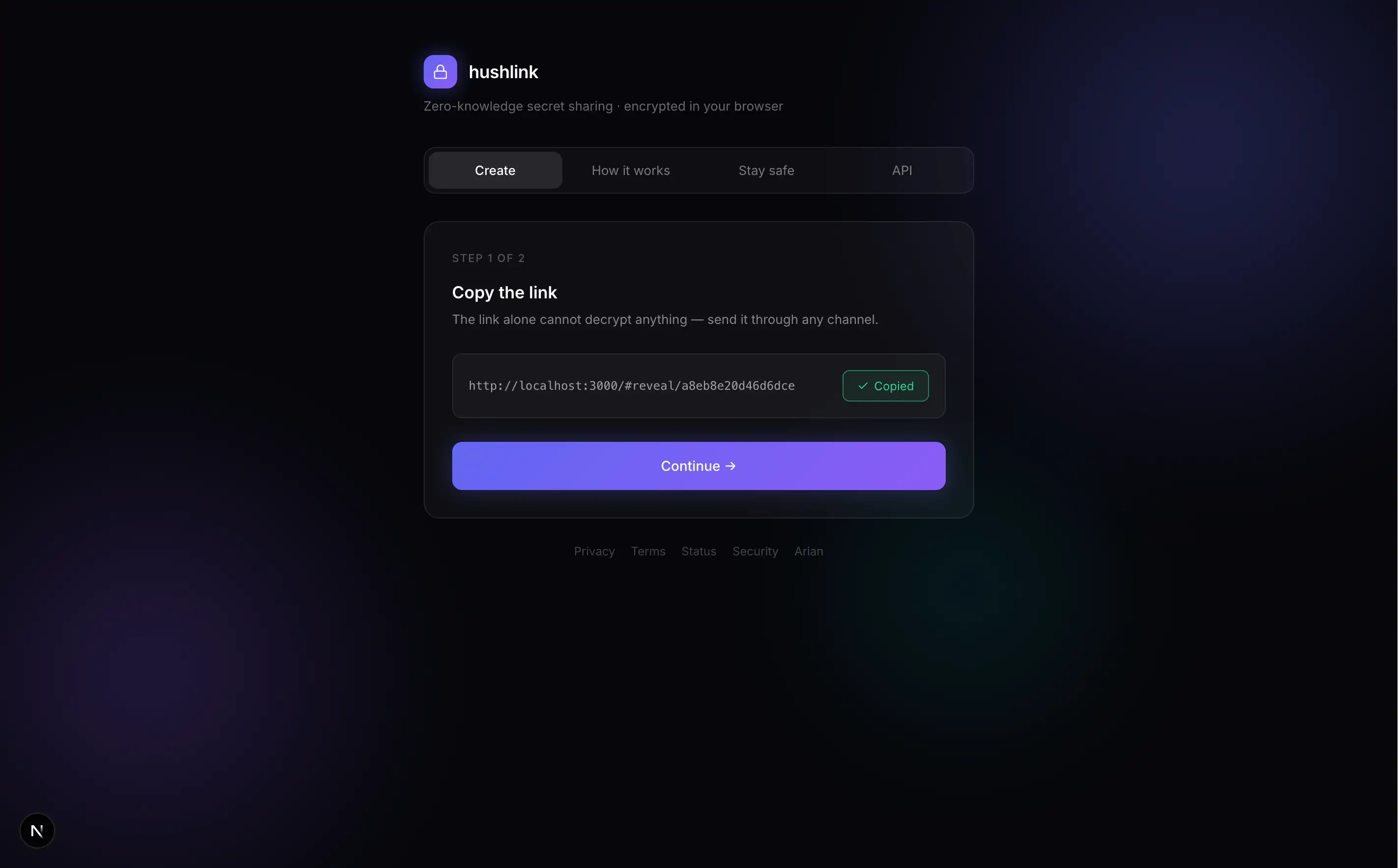 Step 1 of 2 — Copy the link after copying, with a green Copied confirmation and an enabled Continue button
