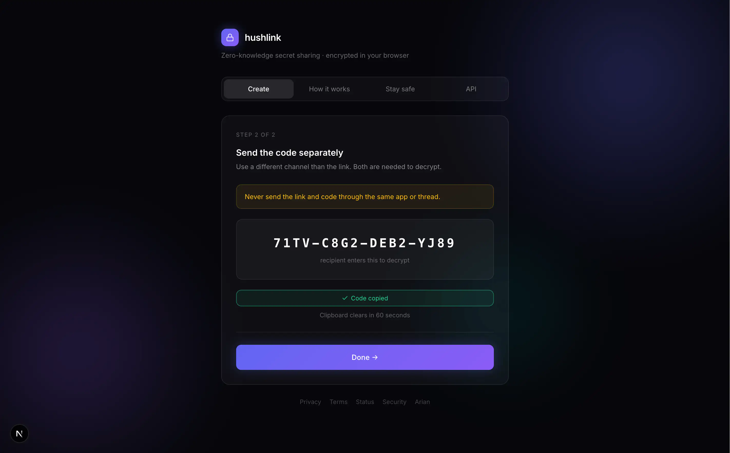 Step 2 of 2 — Send the code separately, showing the decryption code, a green Code copied confirmation, and an active Done button