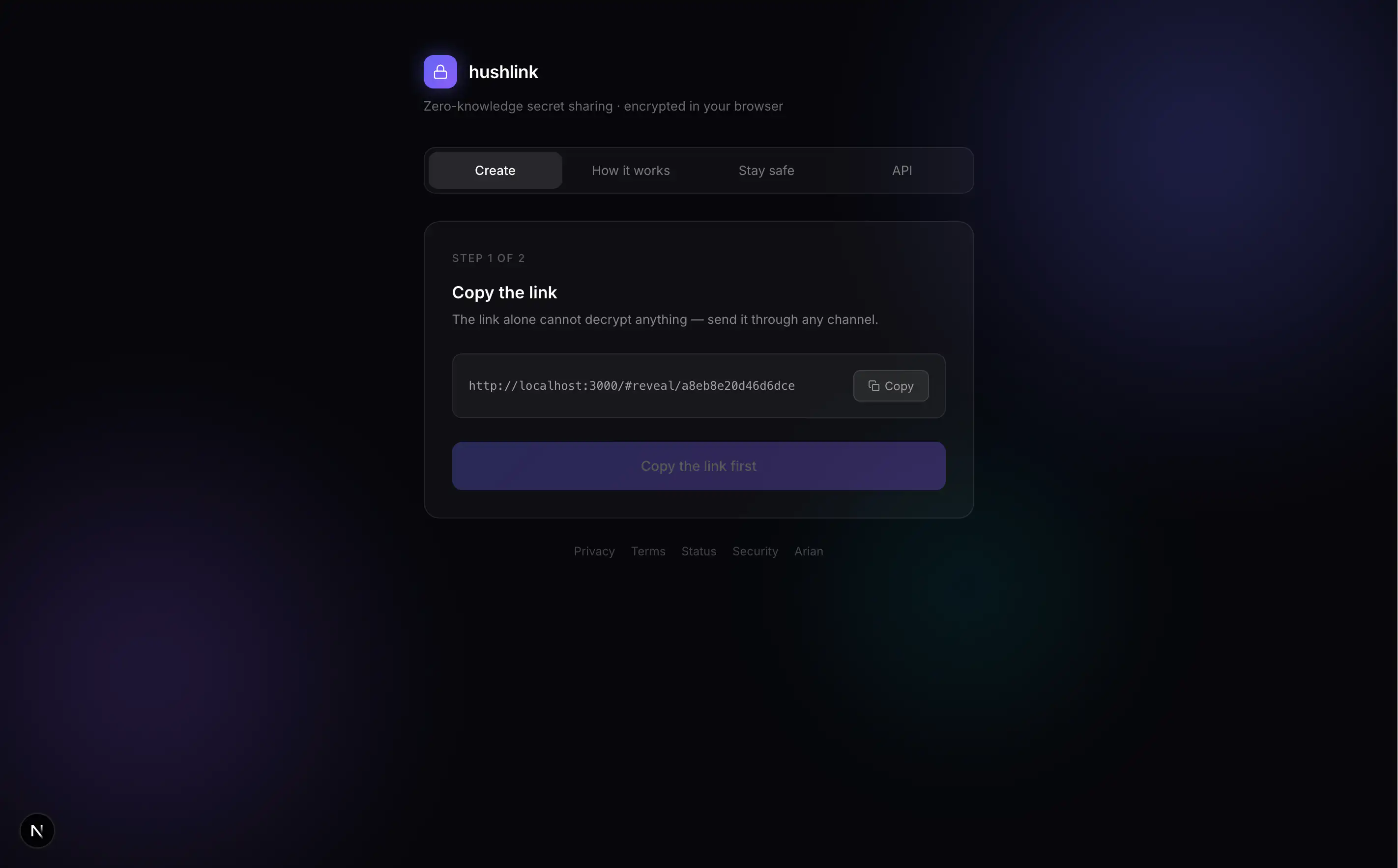 Step 1 of 2 — Copy the link, showing the generated share URL and a disabled Copy the link first button