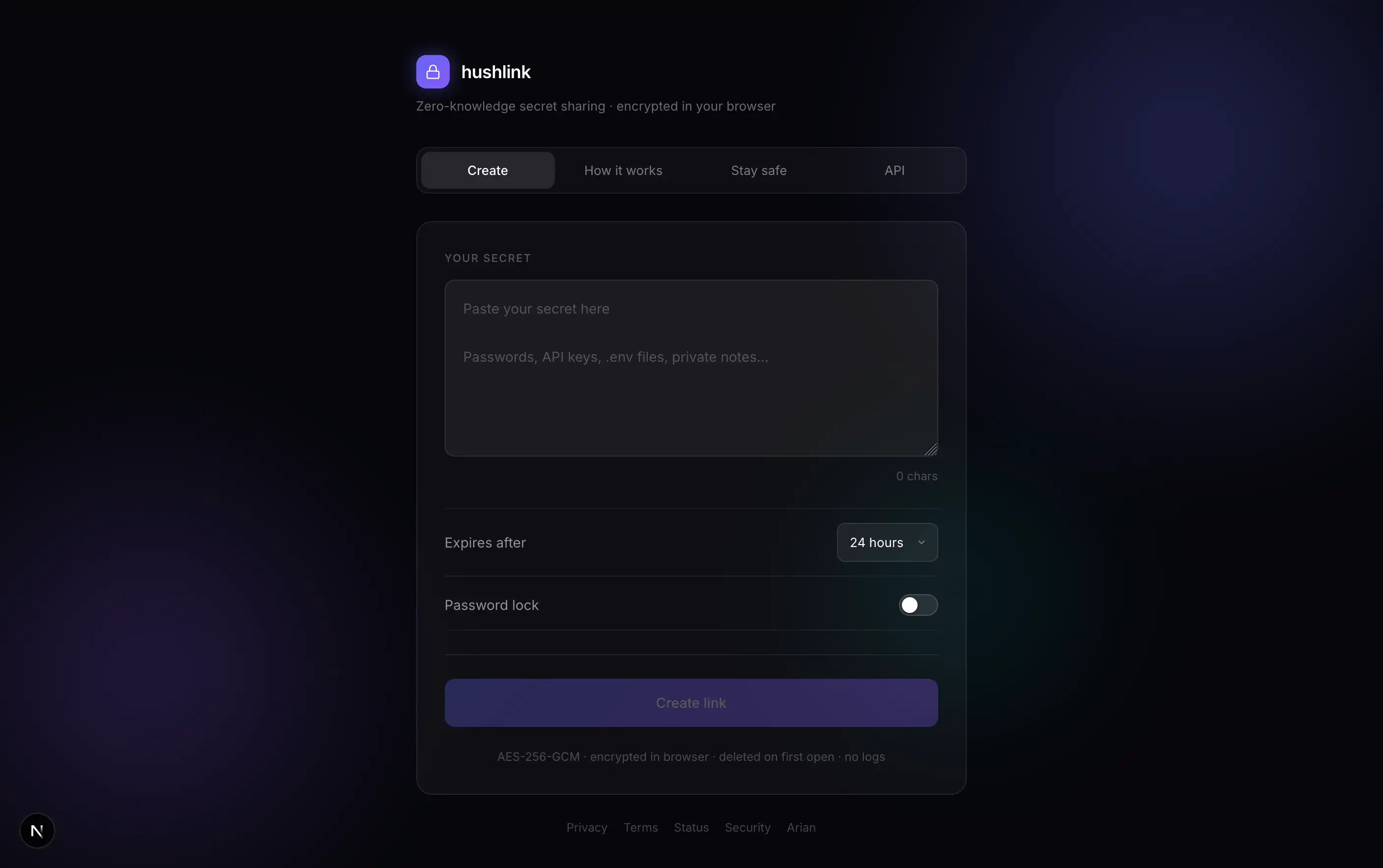 HushLink create form with secret textarea, expiry selector, password lock toggle, and Create link button