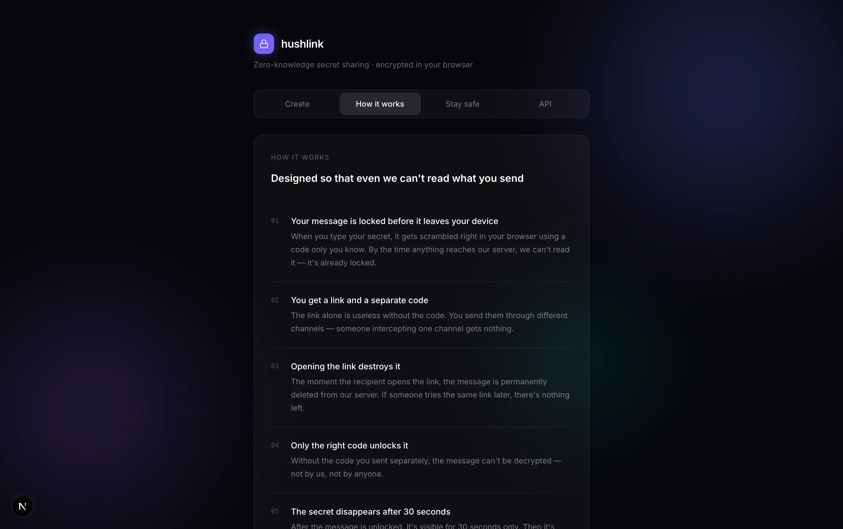 How it works tab listing five steps: message locked in browser, link and code split across channels, opening the link destroys it, only the right code unlocks it, secret disappears after 30 seconds
