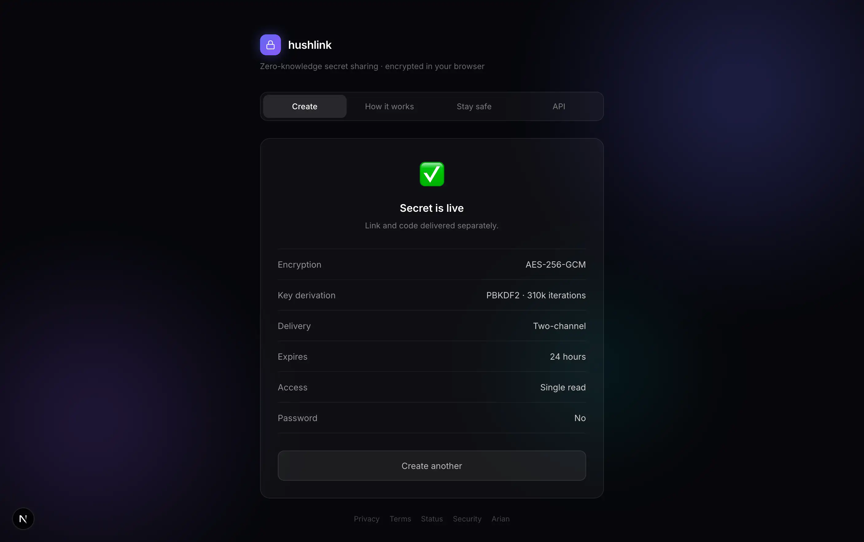 Secret is live confirmation screen with encryption summary: AES-256-GCM, PBKDF2 310k iterations, two-channel delivery, single read, 24-hour expiry