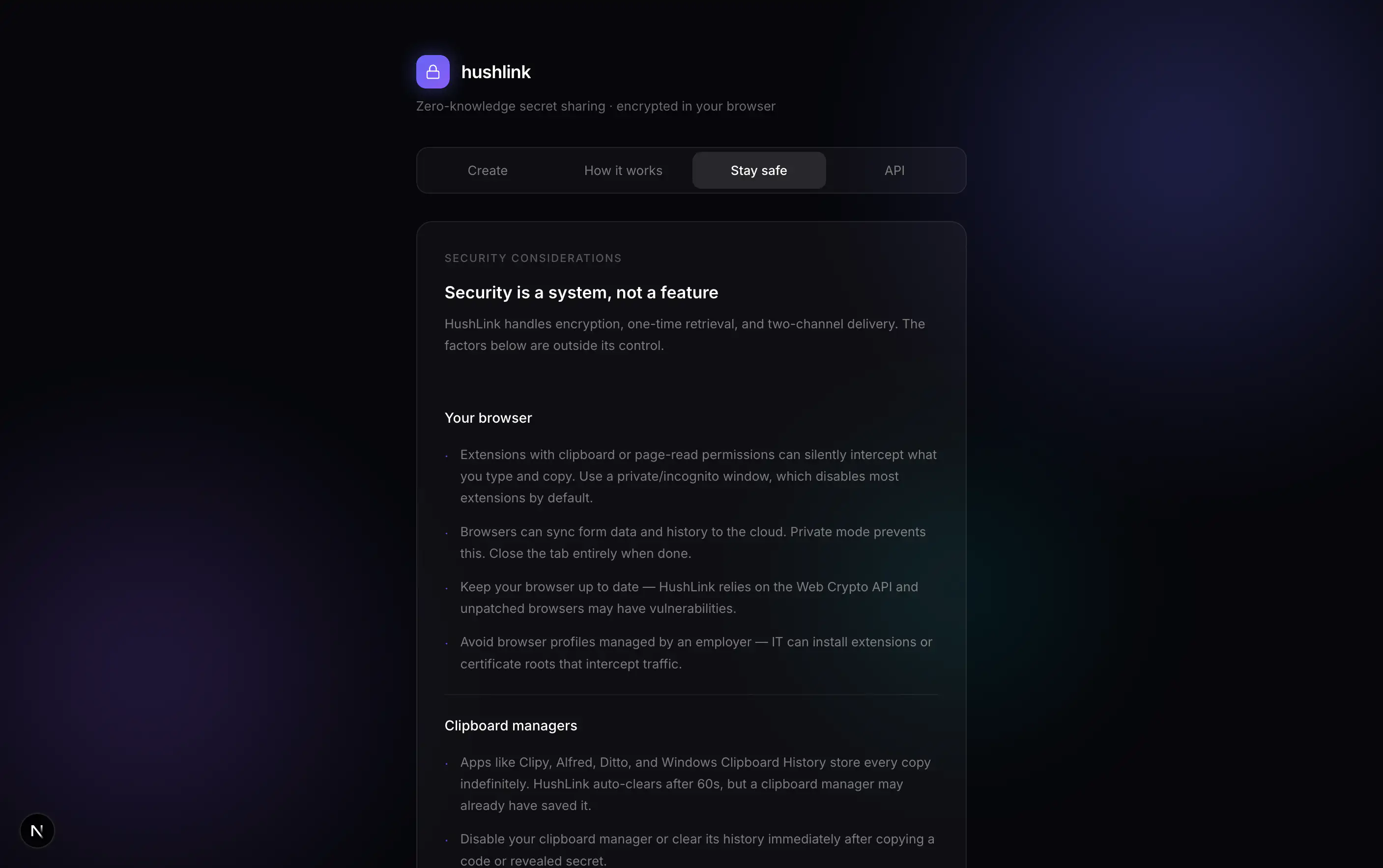 Stay safe tab showing security considerations for browser extensions, clipboard managers, and safe usage practices