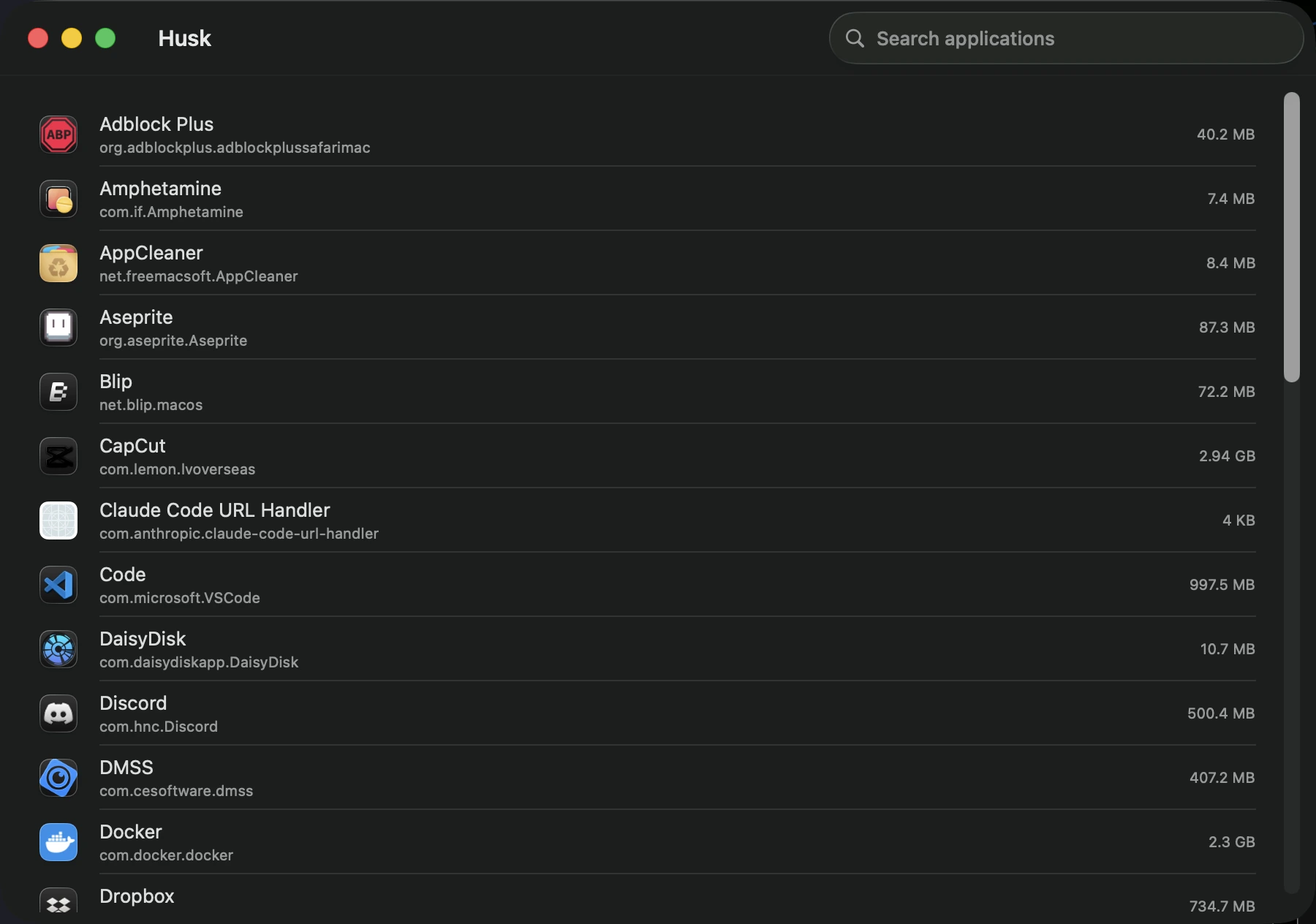 husk app list showing every installed app with bundle identifier and size