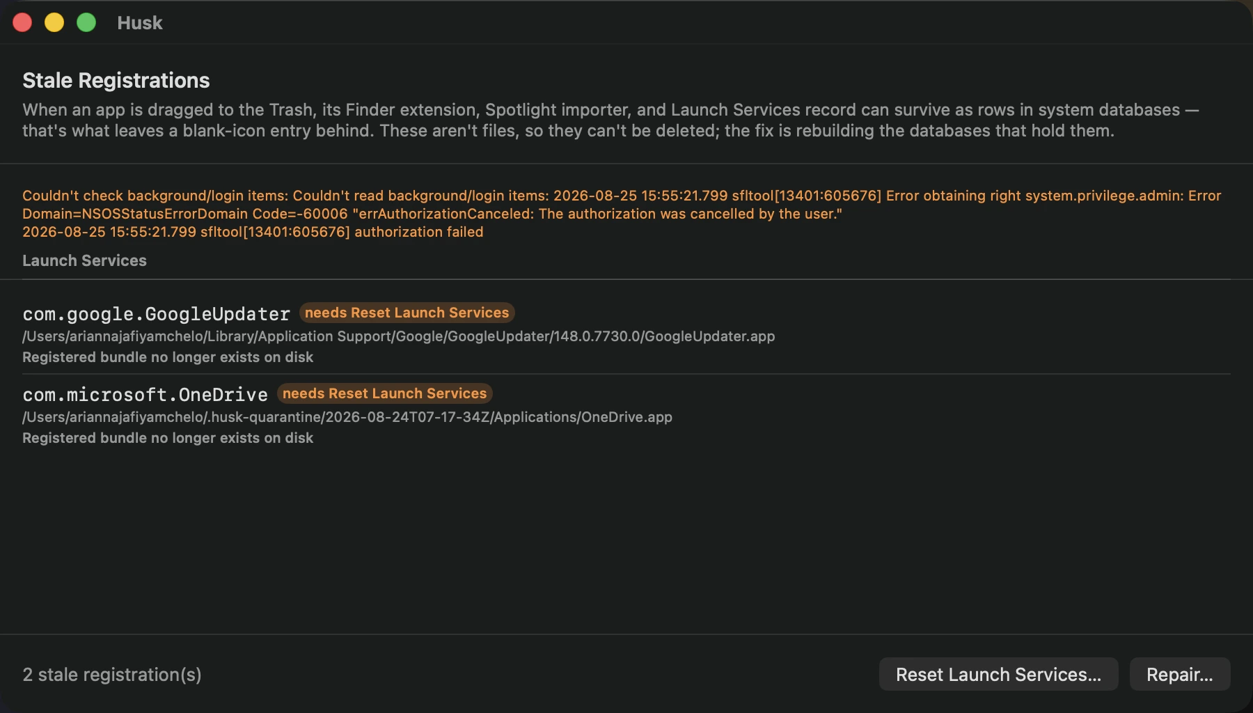 husk Ghosts view listing stale Launch Services registrations for apps no longer on disk, with a repair option