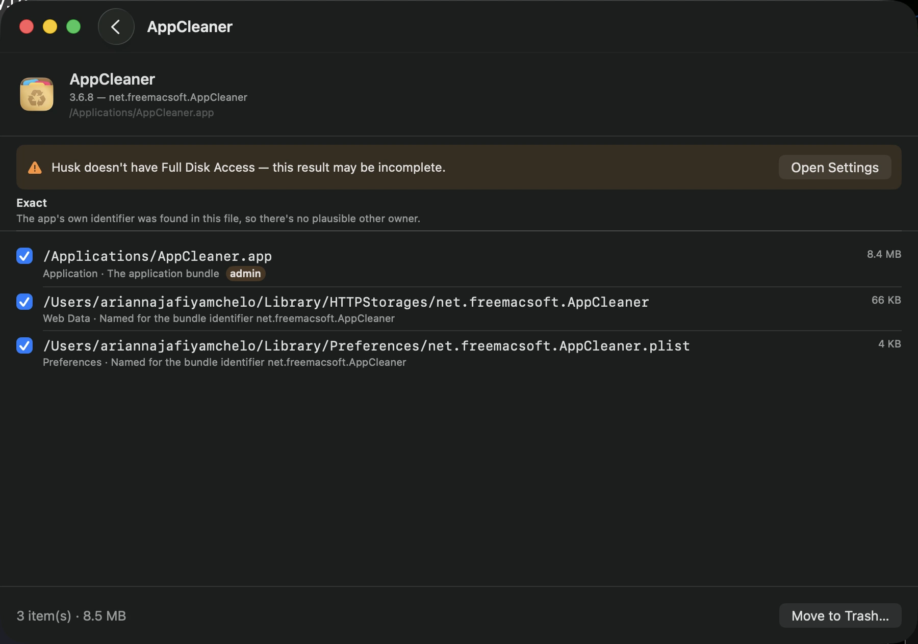 husk scan results for AppCleaner showing exact-confidence leftovers and a reduced-scan Full Disk Access warning banner