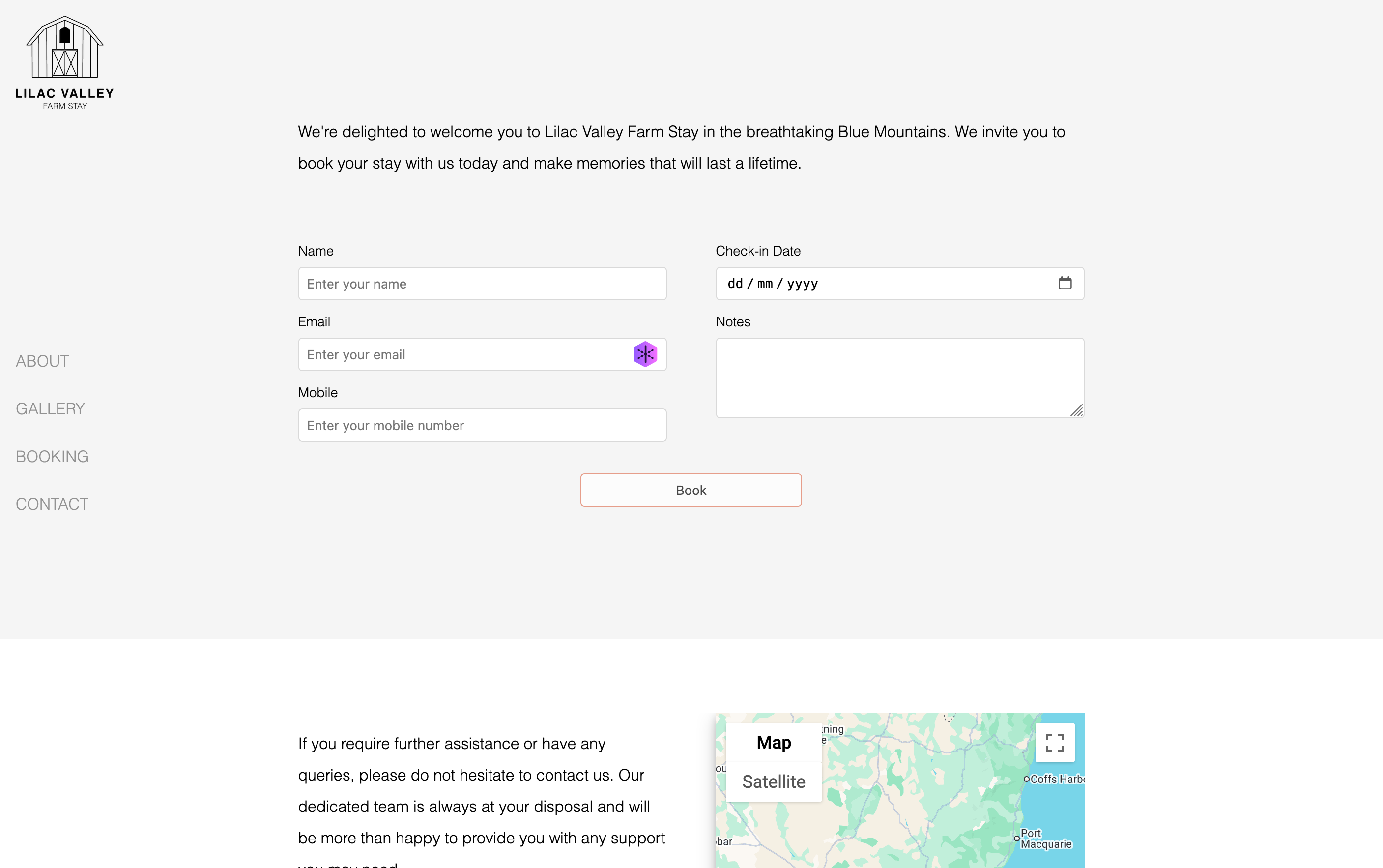 Booking section with form inputs