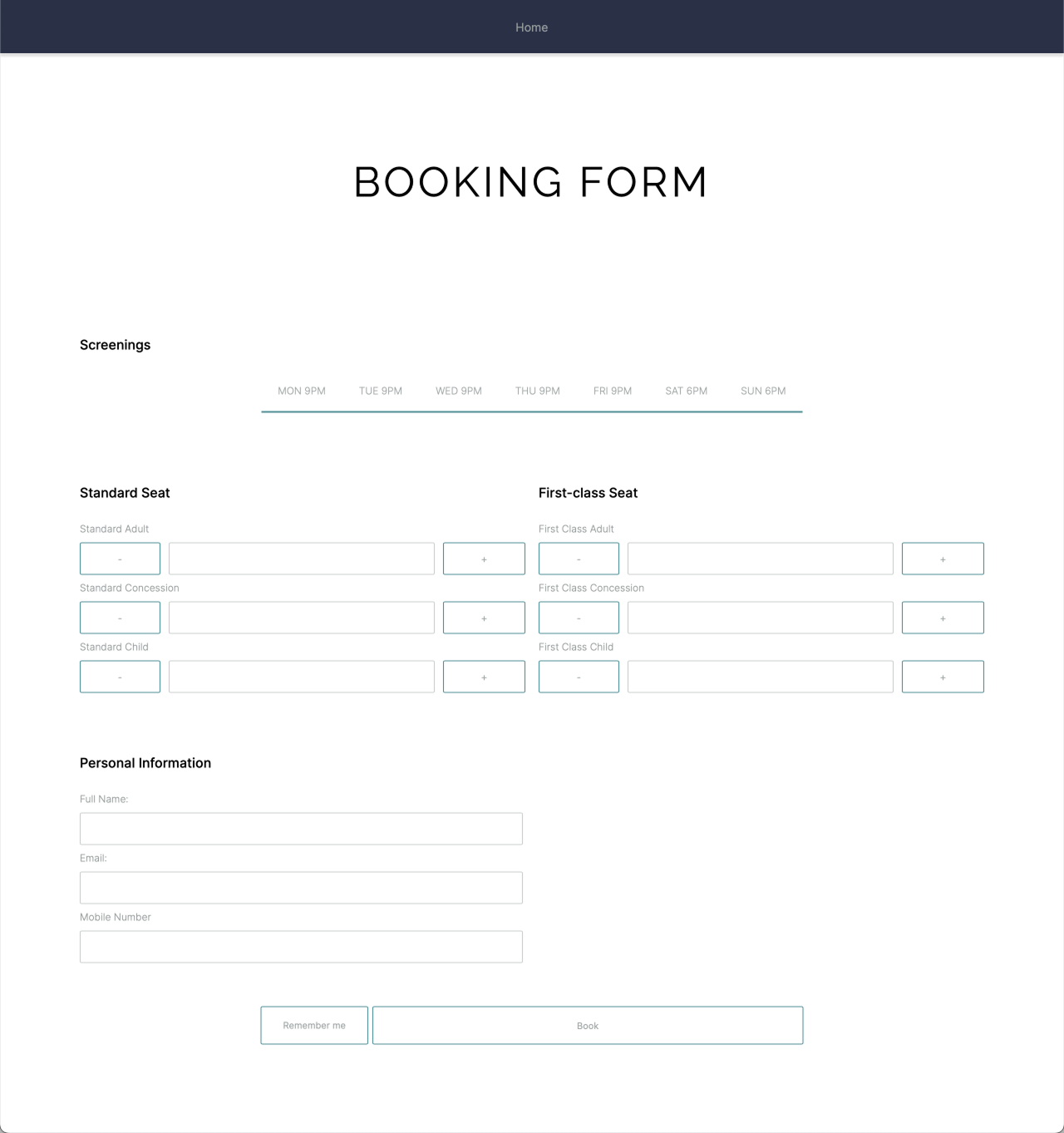 Booking form page